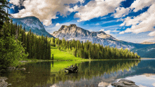 a lake surrounded by mountains and trees with a tree trunk in the middle