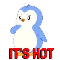 a blue and white penguin with the words it 's hot below it