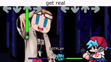 a cartoon character is playing a video game and says get real botplay