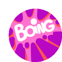 a pink and purple circle with the word boing written on it