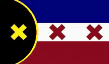 a flag with three crosses on it and a black circle with a yellow x in the middle .