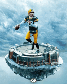 a green bay packers player is holding a football in front of a snowy stadium