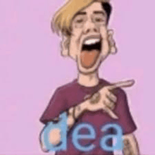 a cartoon of a man with his tongue hanging out and pointing at the word dea .