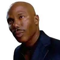 a bald man with a mustache wearing a blue suit