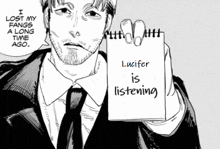 a man in a suit and tie holding a notepad that says lucifer is listening