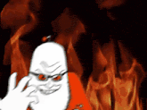 a cartoon character is standing in front of a fire and making a face