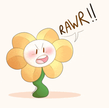 a drawing of a flower with the word rawr written above it