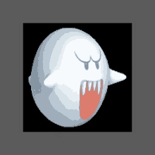 a white ghost with a red mouth and teeth is on a black background