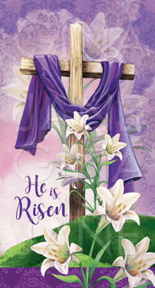 a cross with a purple scarf around it and the words " he is risen "