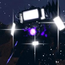 a computer generated image of a robot with a purple light coming out of it