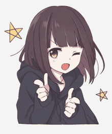 a girl in a black hoodie giving two thumbs up