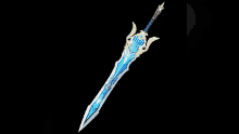 a blue and gold sword with a harp on the handle on a black background .