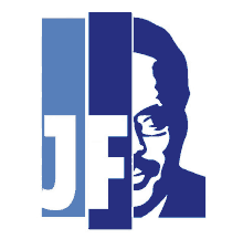 a blue and white logo for jfk with a man 's face in the middle