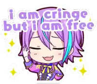 a cartoon of a girl with purple hair and blue stripes says i am cringe but i am free