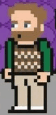 a pixel art of a man with a beard wearing a green jacket and a brown sweater .