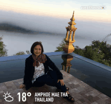 a woman sits on the edge of a swimming pool in thailand with the temperature reading 18 degrees