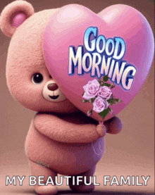 a teddy bear holding a heart shaped balloon that says good morning on it