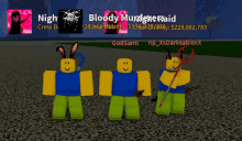 a group of roblox characters standing next to each other with the name bloody murderersaid in the upper right corner