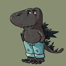 a cartoon drawing of a dinosaur wearing a pair of jeans