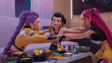 three cartoon characters are sitting around a table with food and drinks