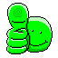 a pixel art illustration of a green thumbs up sign with a face on it .