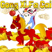a cartoon of a penguin riding a horse with the words gong xi fa cai written above it