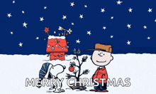 a cartoon of snoopy and charlie brown standing next to a christmas tree