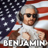 a man wearing a wig and sunglasses with the name benjamin on the bottom