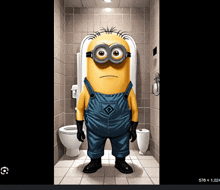 a picture of a minion standing in a bathroom next to a toilet and a urinal