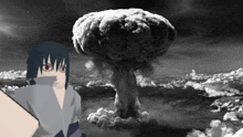 a man with red eyes is standing in front of a large mushroom cloud