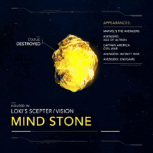 a poster showing the appearances of loki 's scepter / vision and the mind stone