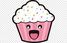 a pink cupcake with white frosting and sprinkles has a happy face