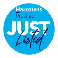 harcourts prestige just listed logo on a blue background