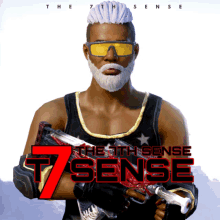 a man with a beard is holding a gun in front of a sign that says " the 7th sense "