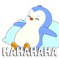 a blue and white penguin is sitting on a blue pillow with the words " hahahaha " written below it