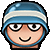 a close up of a cartoon character 's face with a blue helmet on .