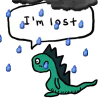 a cartoon drawing of a dinosaur with a speech bubble that says i 'm lost