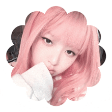 a girl with pink hair is surrounded by a white circle