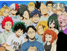 a group of anime characters are posing for a picture with one wearing a shirt that says all m