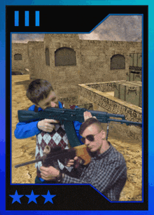 two men are holding guns in front of a building with a blue background