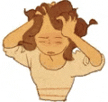 a cartoon drawing of a woman holding her head with her hands .