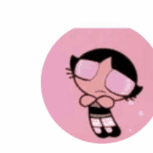 a cartoon character from the powerpuff girls is sitting in a pink circle .