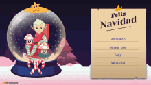 a feliz navidad card with a cartoon elf in a snowglobe