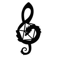 a treble clef with a dragon and a dice inside