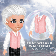 a cartoon character wearing a pink vest with the words that wizard waistcoat on it