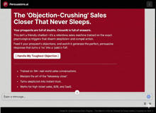 a screenshot of the objection-crushing sales closer that never sleeps page