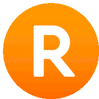 an orange circle with a white letter r in it