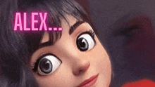 a close up of a girl 's face with alex written in pink behind her