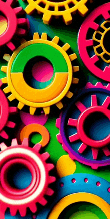 a bunch of colorful gears are lined up in a pattern