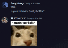 purgatory today at 8:33 pm well is your behavior finally better clouds today at 8:34 pm steals your balls *